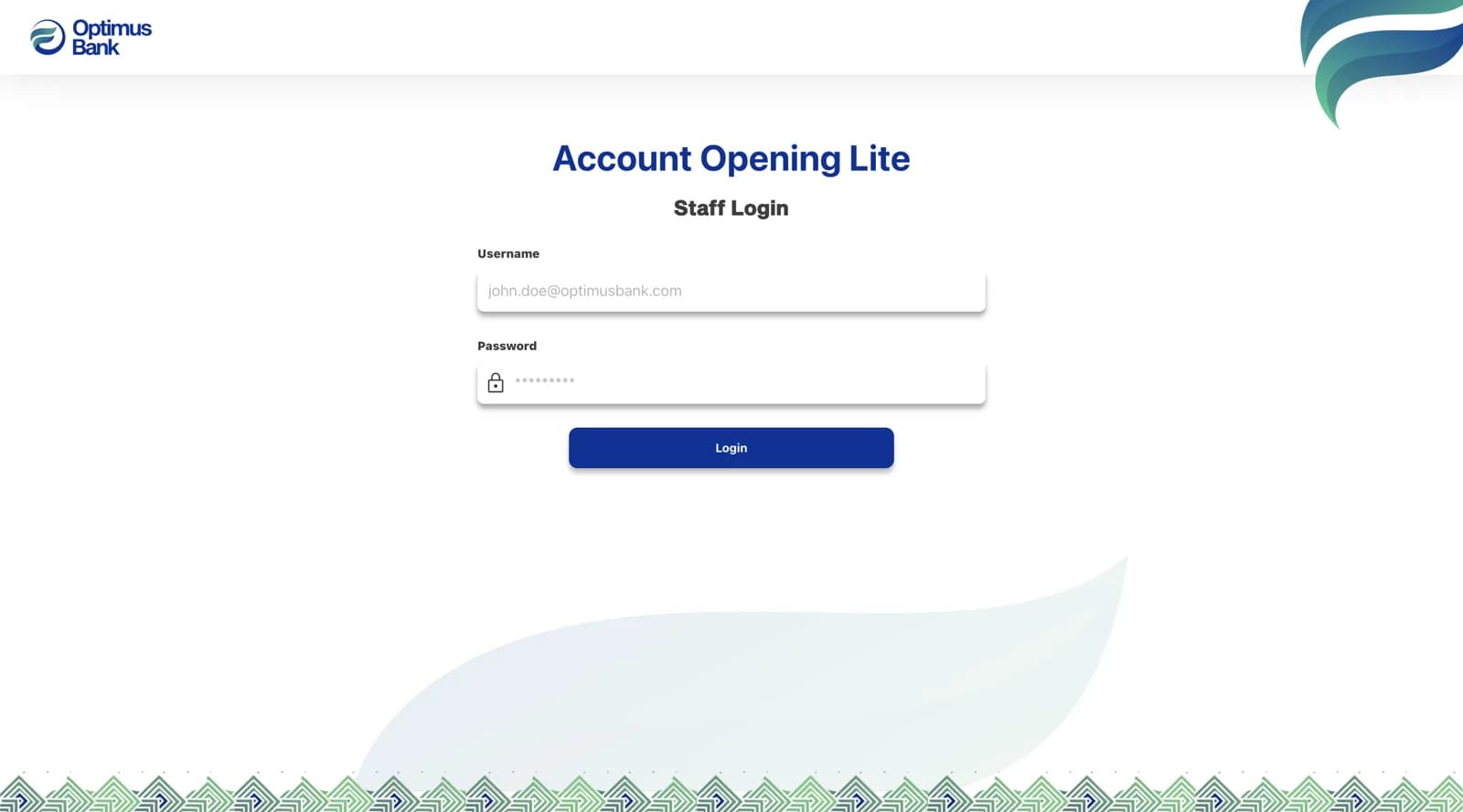 Account Opening Lite staff login page