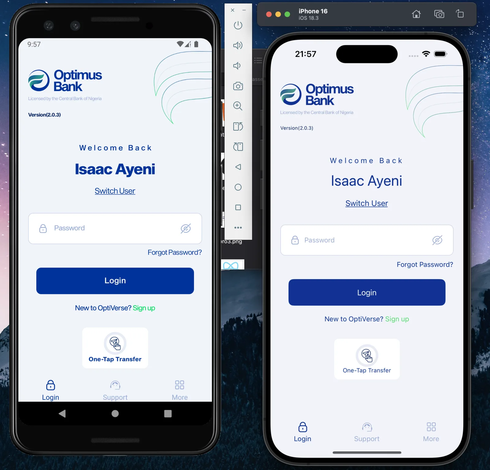 Optiverse login screen on Android and iOS
