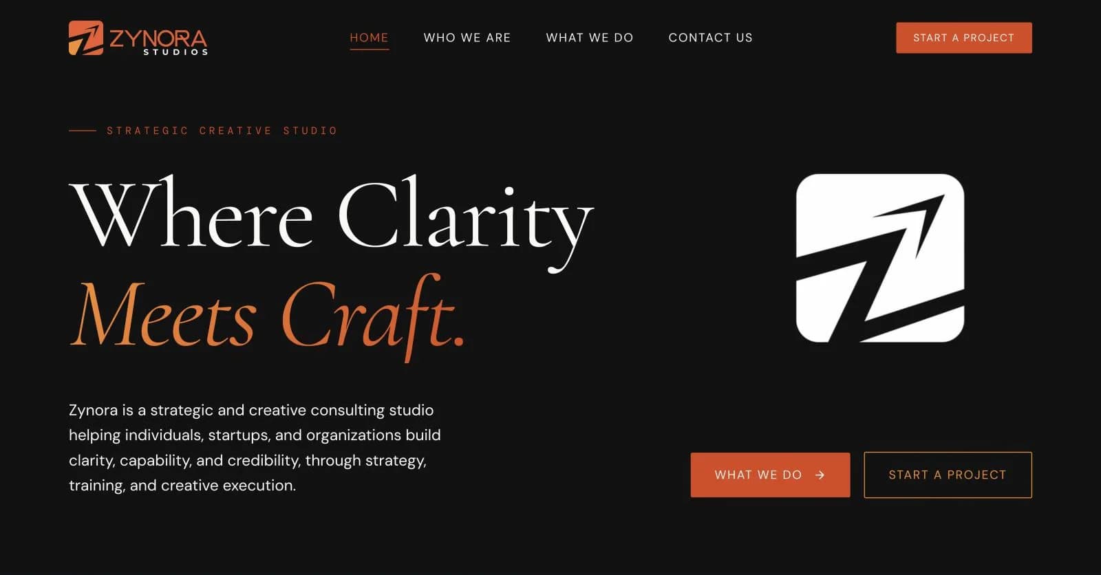 Zynora Studios home page with the headline Where Clarity Meets Craft